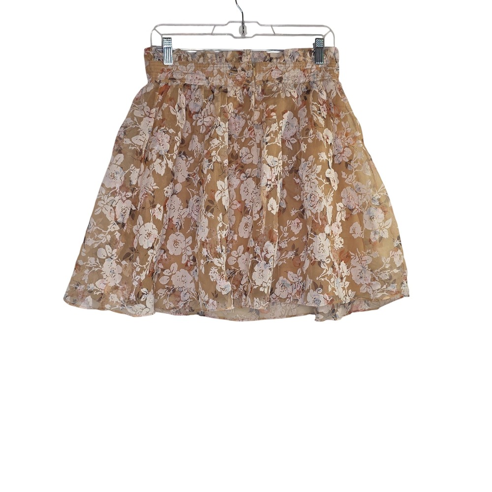 En‎ Saison Tan Floral Organza Mini Skirt High Waist Ruffle Paperbag Sz L Unique